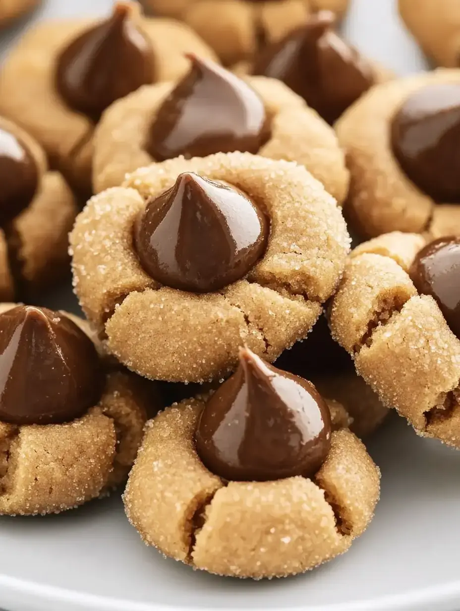 A close-up of peanut butter cookies topped with chocolate kisses, arranged neatly on a plate.