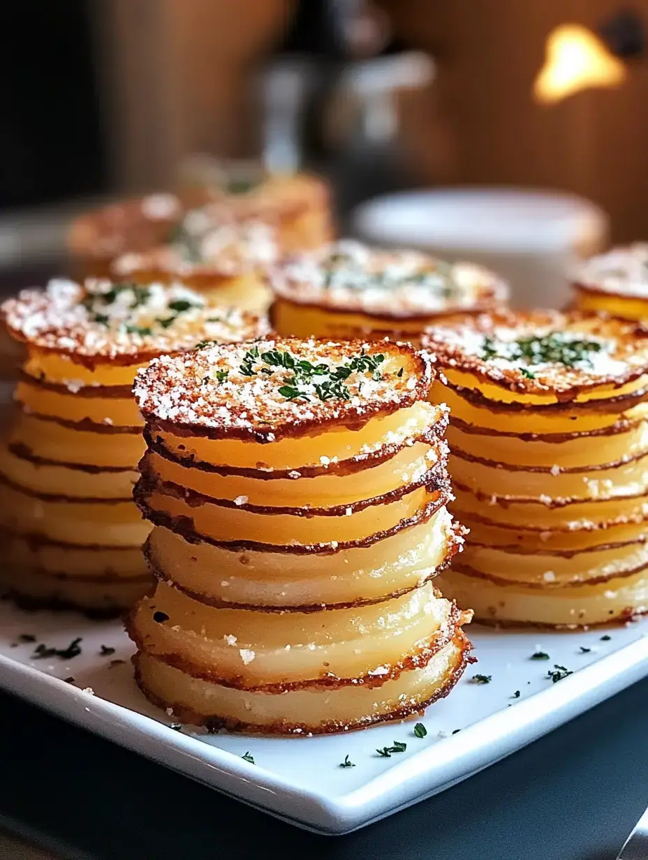 A stack of golden, crispy potato slices layered on a white plate, garnished with herbs and a dusting of powdered cheese.