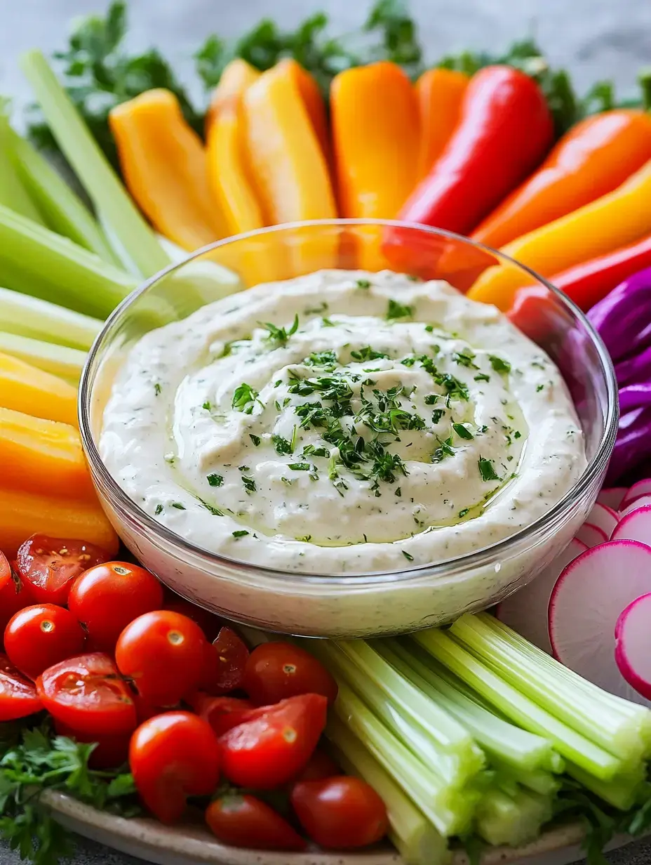 A bowl of creamy dip garnished with herbs is surrounded by an array of colorful fresh vegetables, including bell peppers, celery, cherry tomatoes, and radishes.