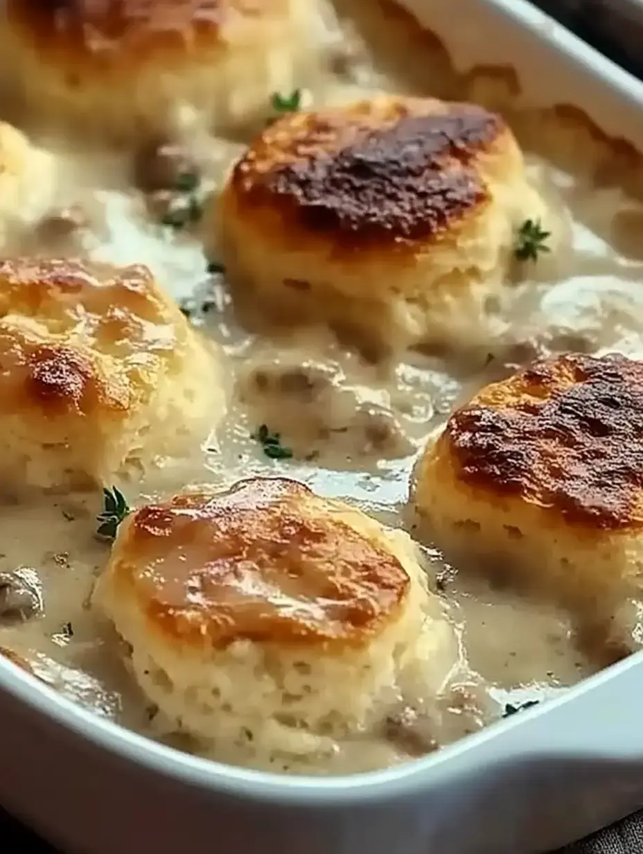 A close-up of a baking dish filled with savory biscuits submerged in creamy gravy, garnished with small sprigs of thyme.