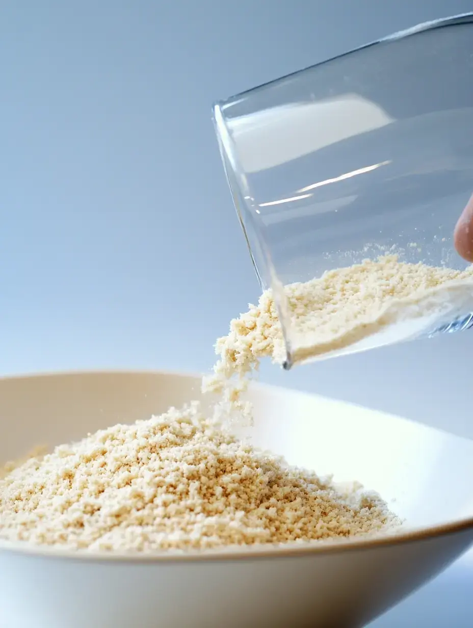 A person is pouring a light-colored flour-like substance from a glass container into a white bowl filled with more of the same substance.