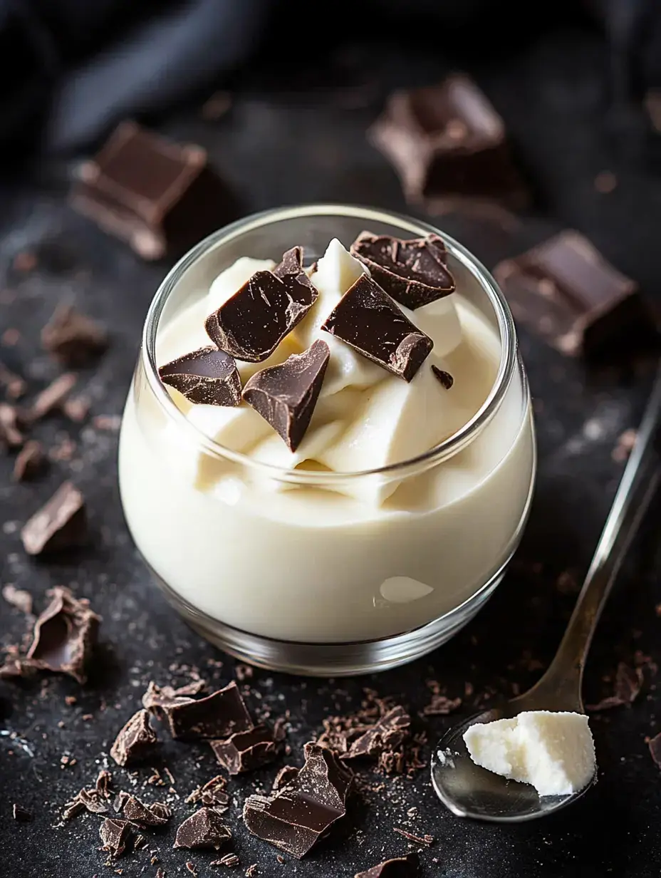 A glass dessert cup filled with creamy white topping and garnished with chunks of dark chocolate, surrounded by scattered chocolate pieces and a spoon with a small scoop of white substance.