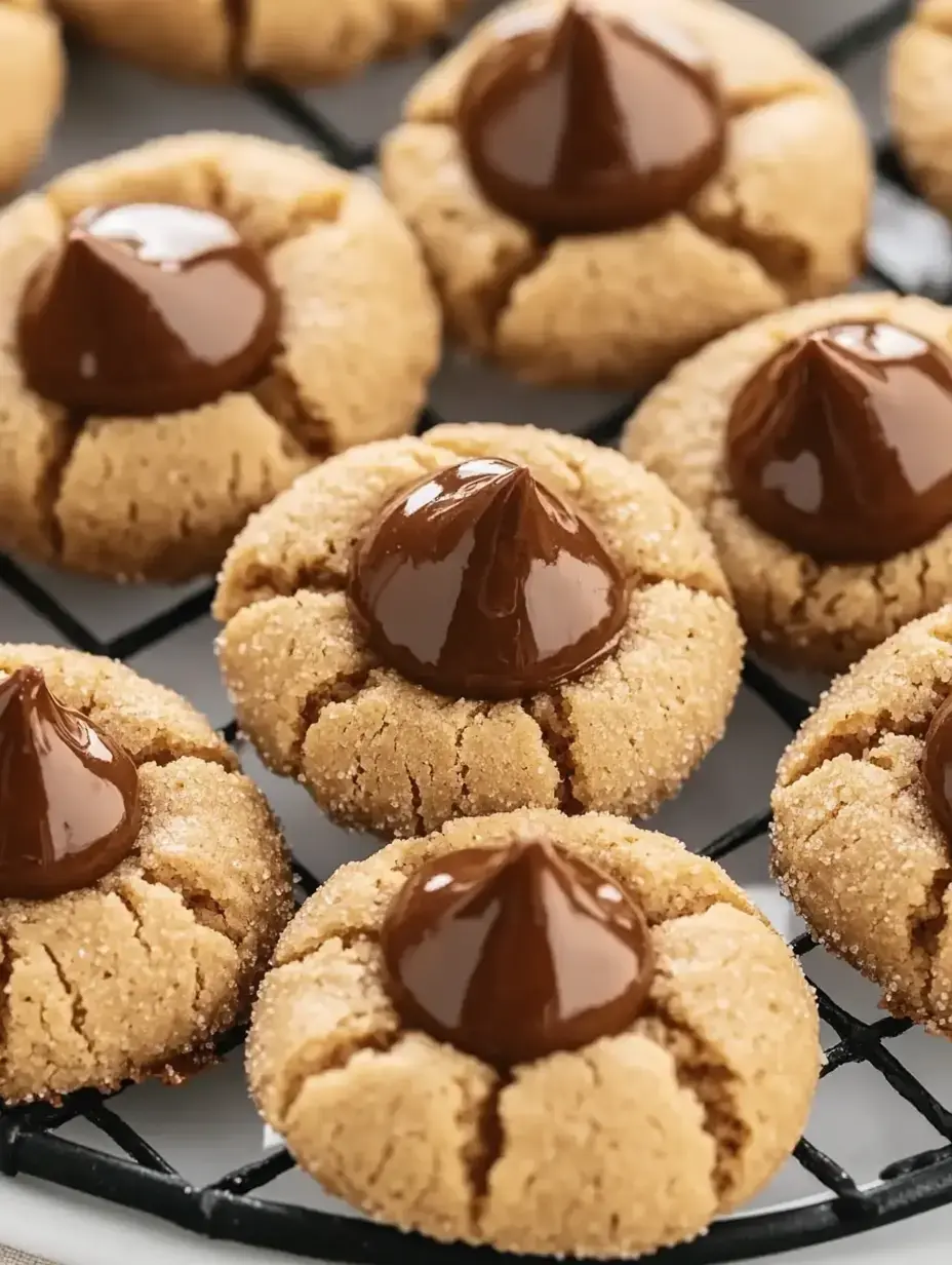 A close-up of freshly baked peanut butter cookies topped with a shiny chocolate kiss, displayed on a cooling rack.