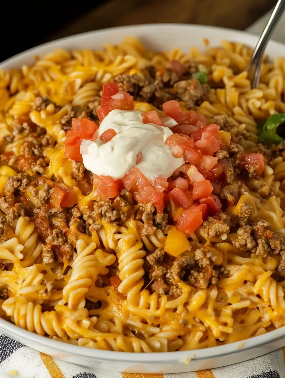 A close-up of a bowl of pasta topped with ground beef, melted cheese, diced tomatoes, and a dollop of sour cream.