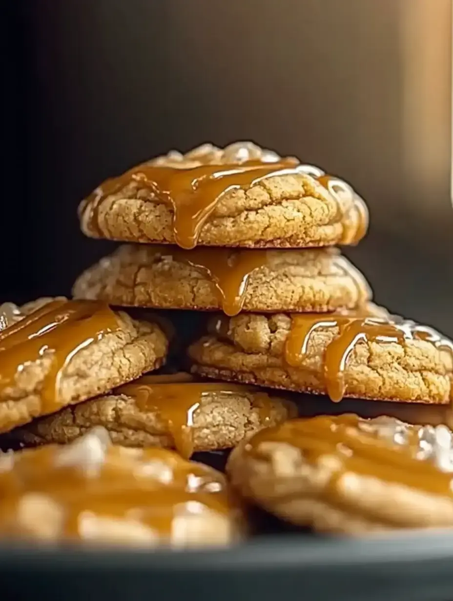 A stack of golden cookies drizzled with caramel sauce on a dark plate.