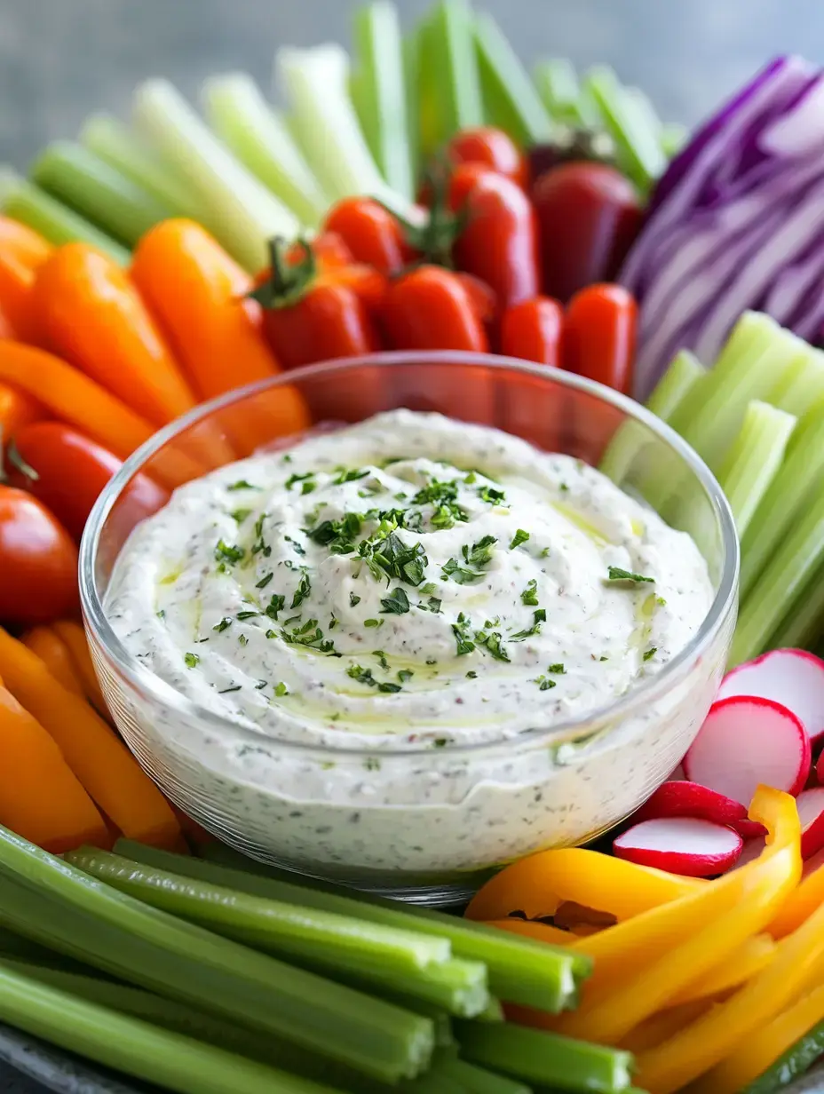 A glass bowl of creamy dip is surrounded by an assortment of colorful fresh vegetables, including celery, bell peppers, cherry tomatoes, and radishes.