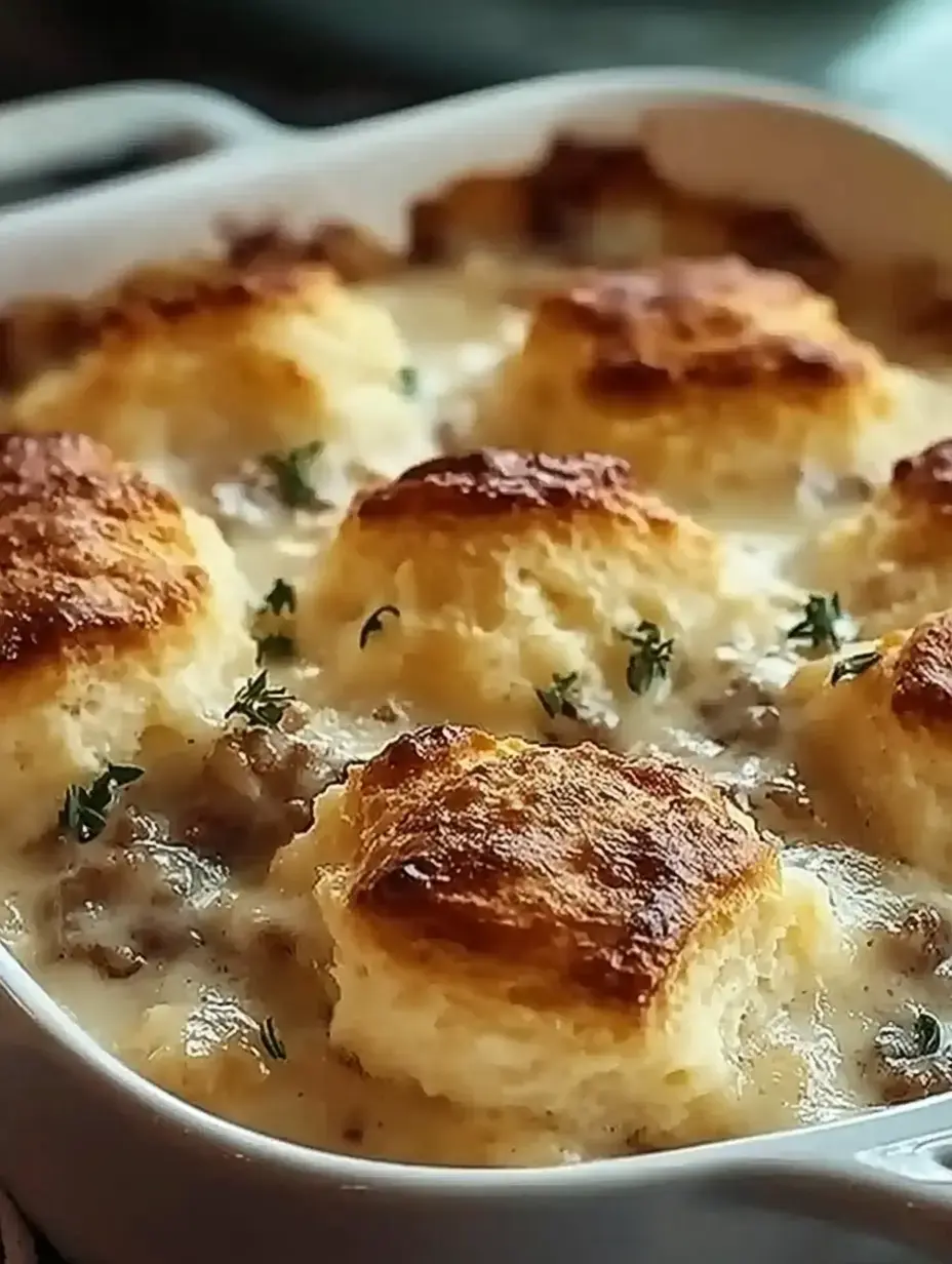 A close-up of a creamy casserole with golden-brown biscuits on top, garnished with fresh herbs.