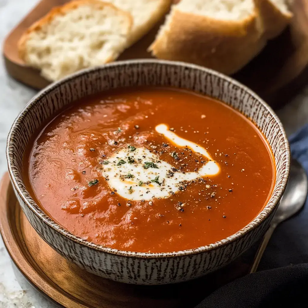 A bowl of tomato soup topped with a swirl of cream and herbs, served with slices of bread on the side.