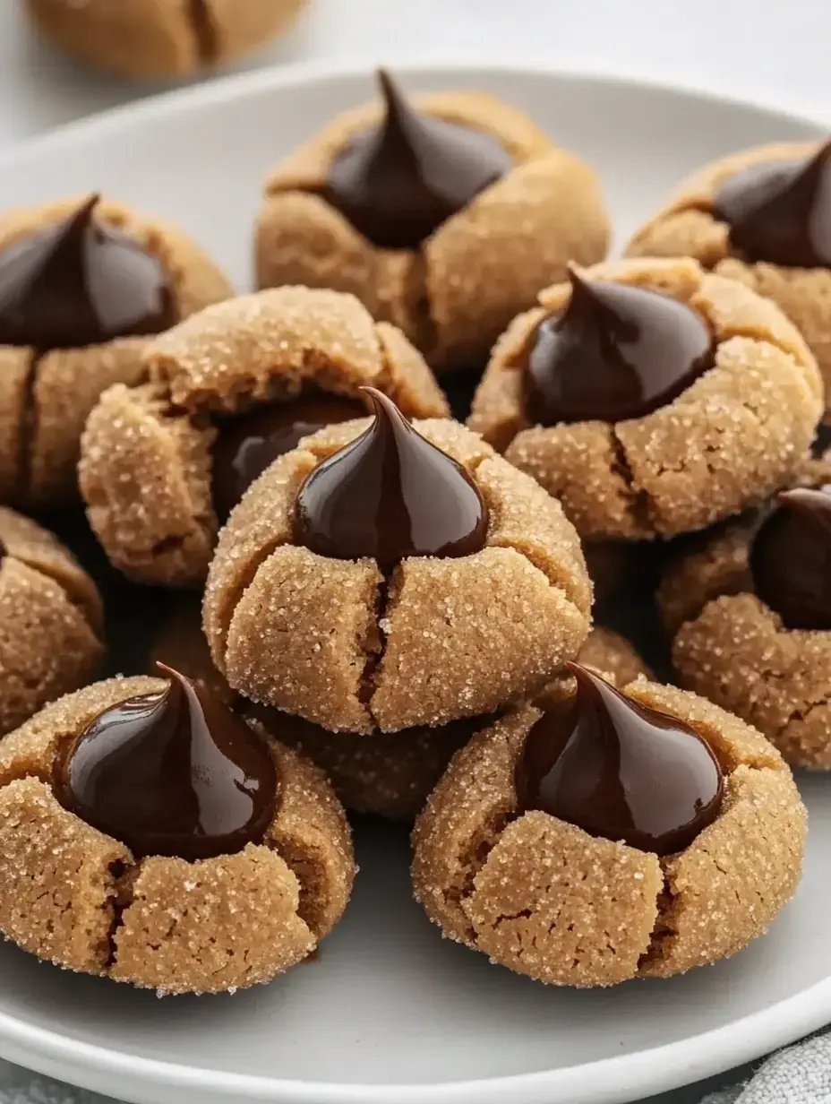 A plate of peanut butter cookies with a chocolate kiss in the center.