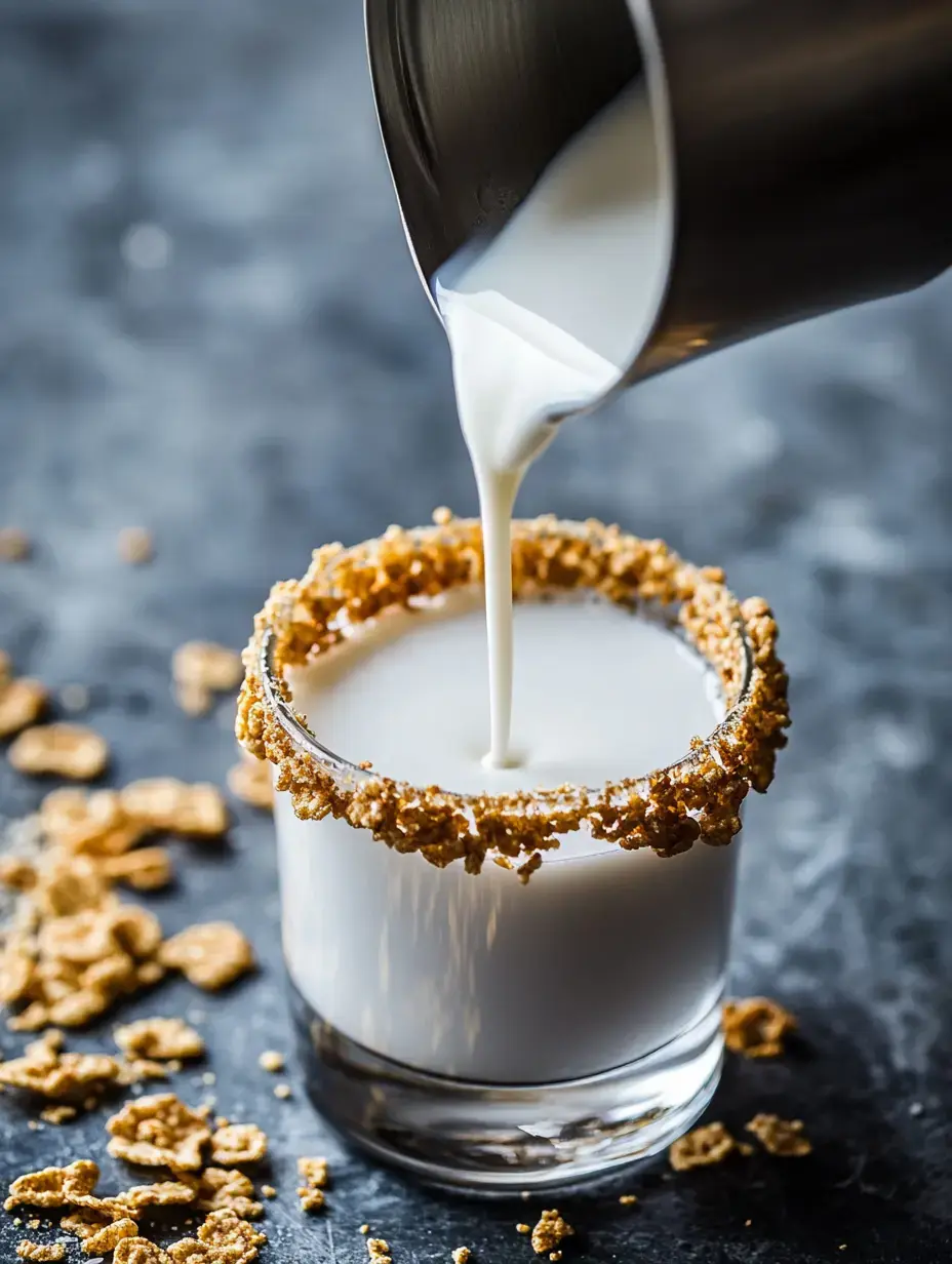 A stream of milk is being poured into a glass with a crunchy, cereal-like rim, surrounded by scattered cereal on a dark surface.