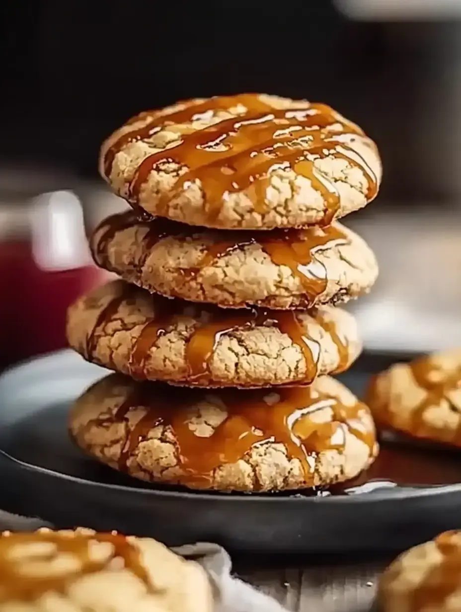 A stack of four cookies drizzled with caramel sauce is placed on a dark plate, with additional cookies nearby.