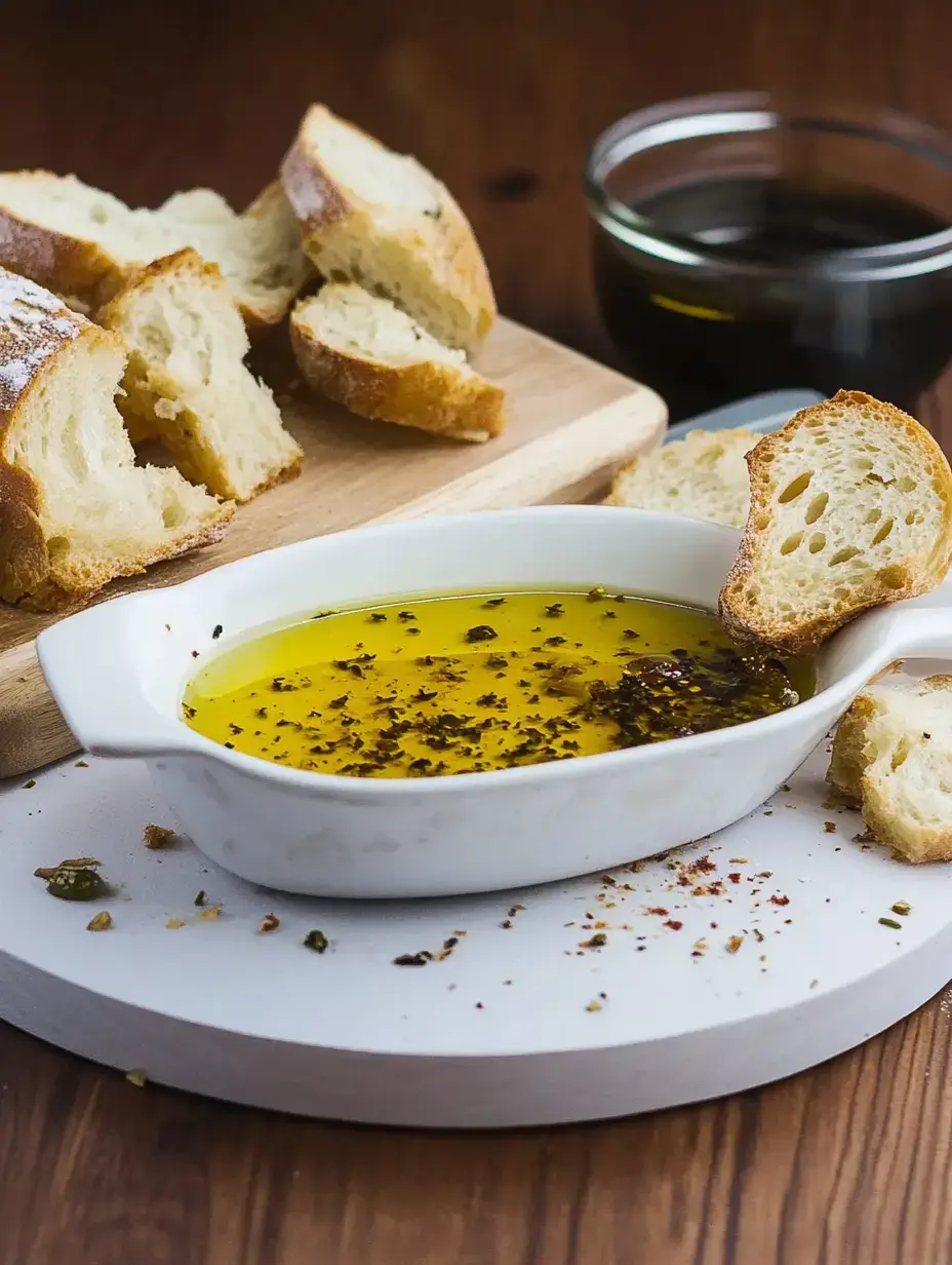 A bowl of olive oil with herbs and spices sits on a white platter, accompanied by slices of crusty bread.