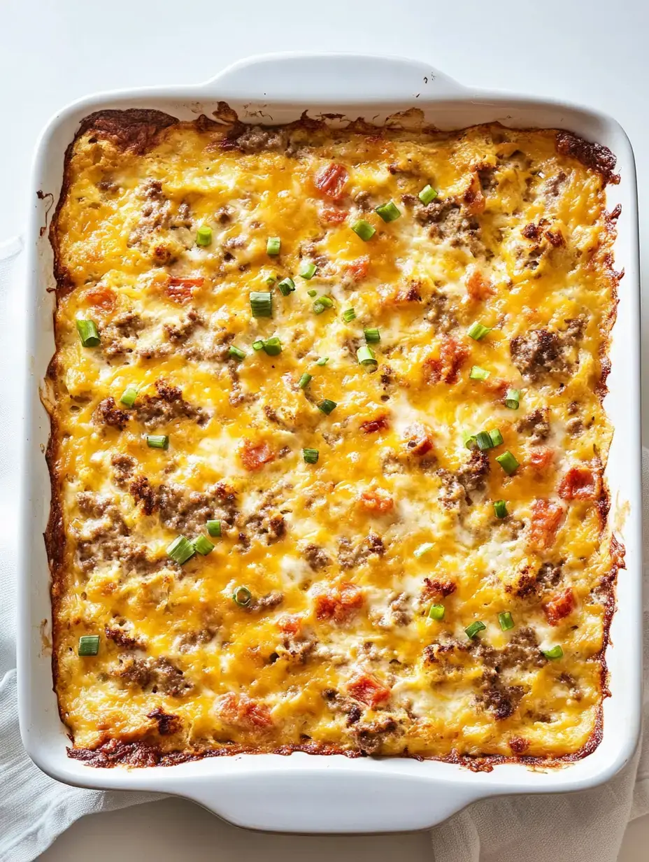 A golden-brown casserole topped with melted cheese, ground meat, tomatoes, and green onions, served in a white baking dish.