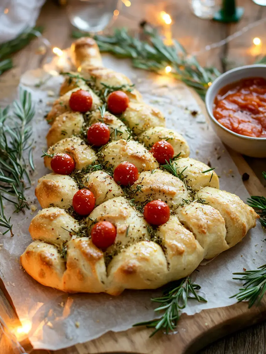 A decorative bread shaped like a Christmas tree, topped with cherry tomatoes and sprinkled with rosemary, served alongside a bowl of marinara sauce.