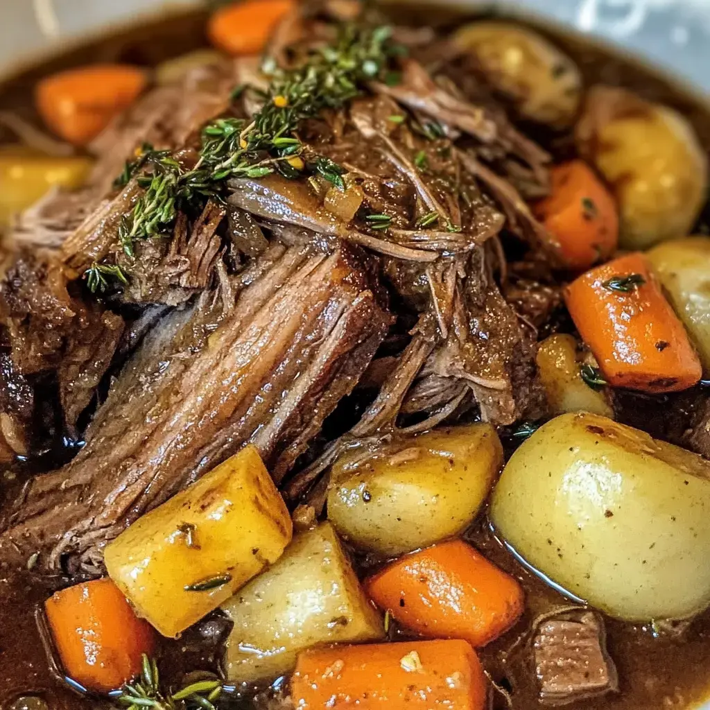 A hearty dish of tender beef roast surrounded by carrots, potatoes, and aromatic herbs in a rich gravy.