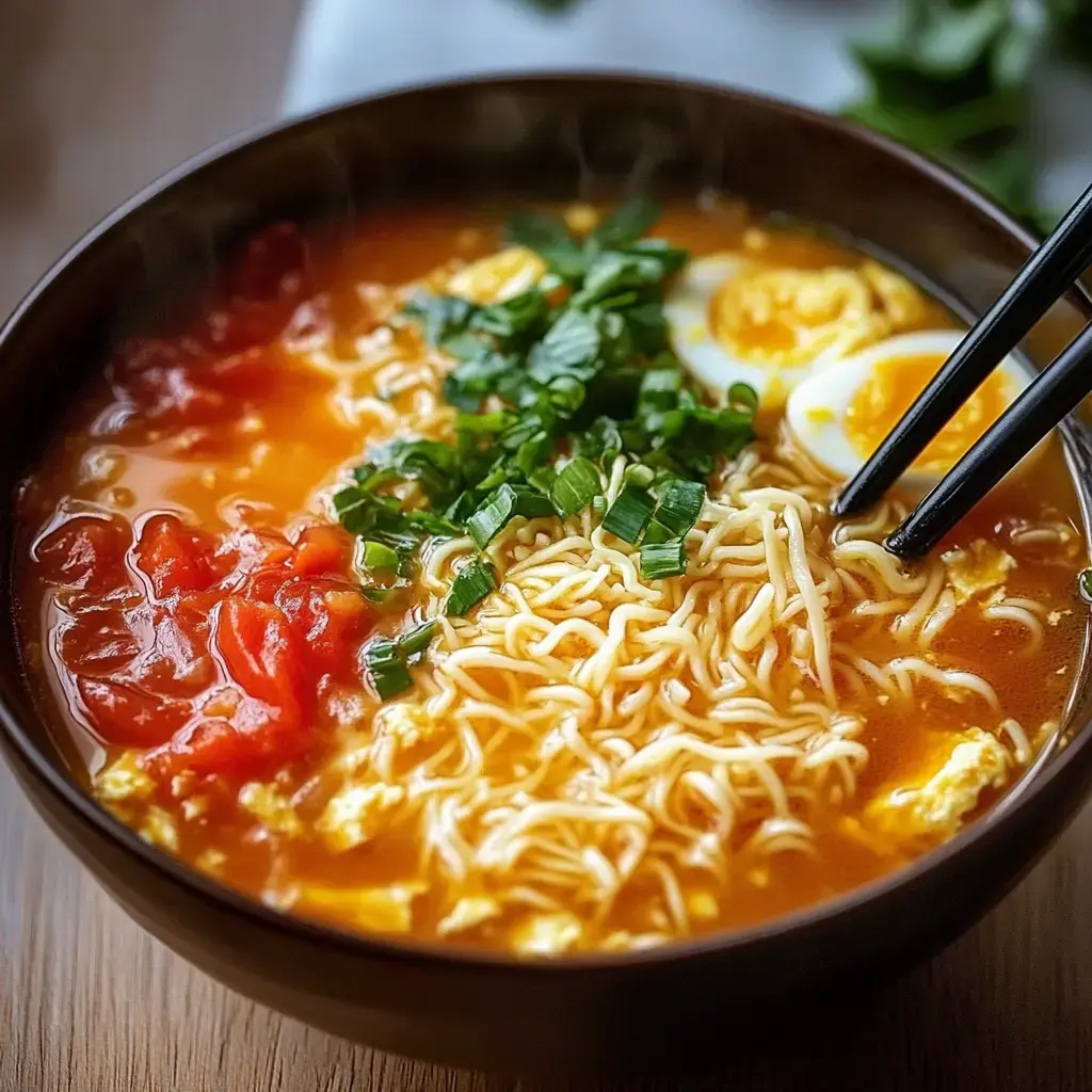 A bowl of steaming ramen noodles topped with green onions, tomatoes, and halved boiled eggs.