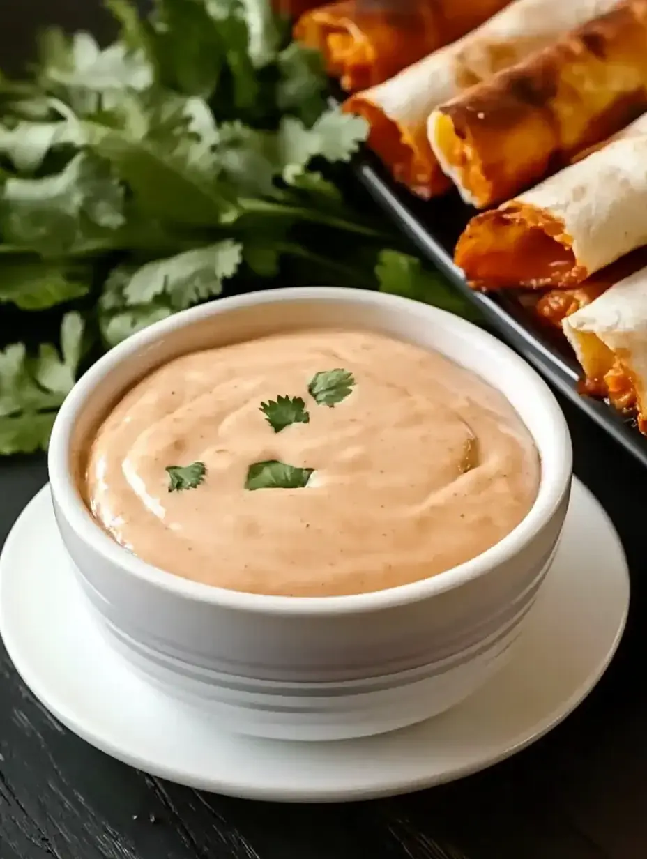 A bowl of creamy pink sauce garnished with cilantro sits next to a platter of golden-brown rolled tortillas.