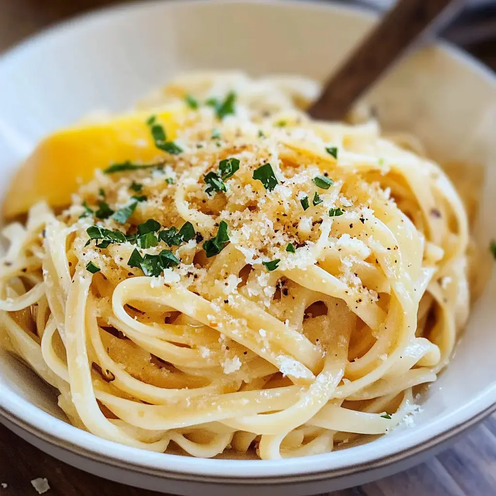 A bowl of spaghetti topped with grated cheese, parsley, and a slice of lemon.