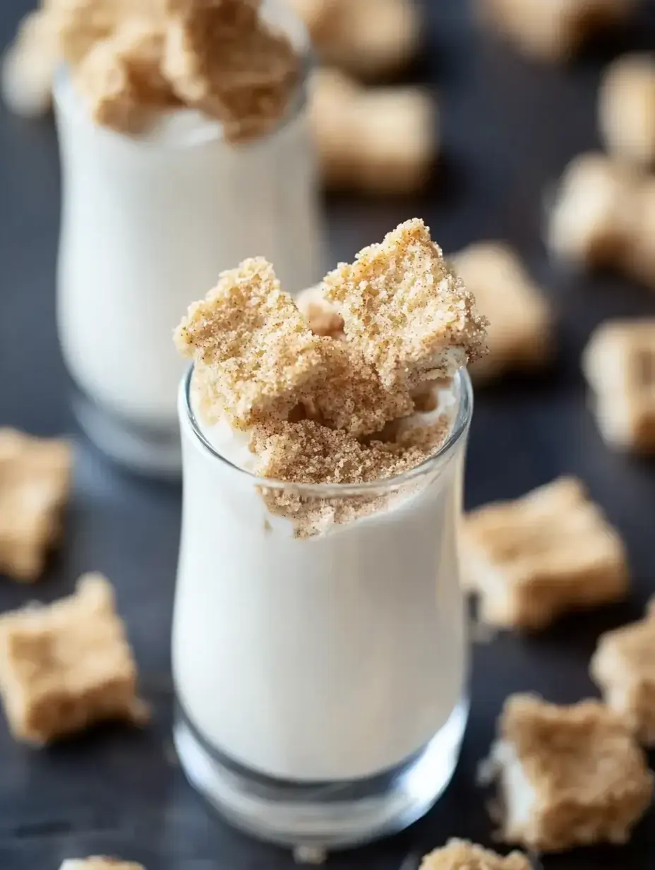 A glass contains a creamy dessert topped with crumbled brown sugar cookies, surrounded by more cookie pieces on a dark surface.