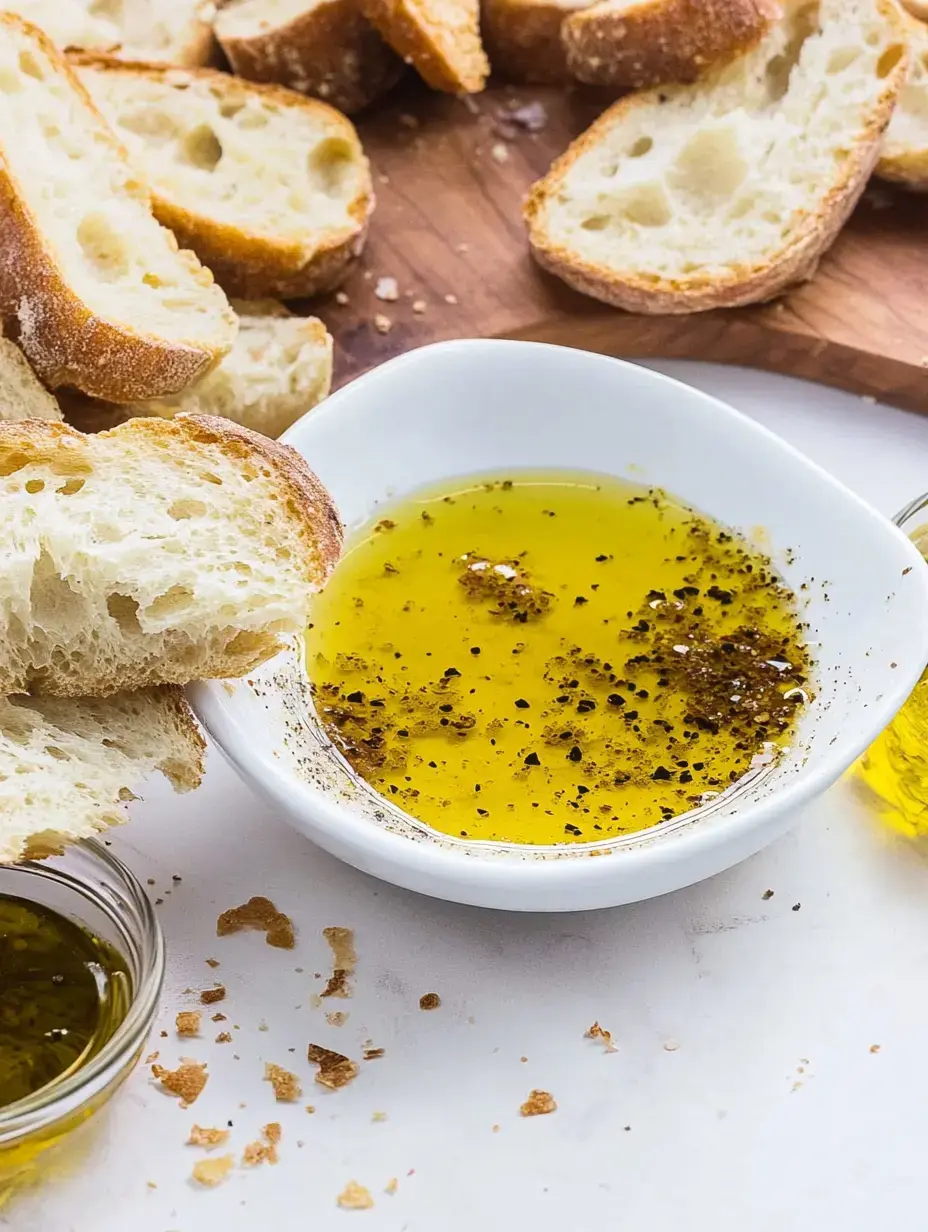 A bowl of seasoned olive oil is surrounded by slices of crusty bread on a white surface.