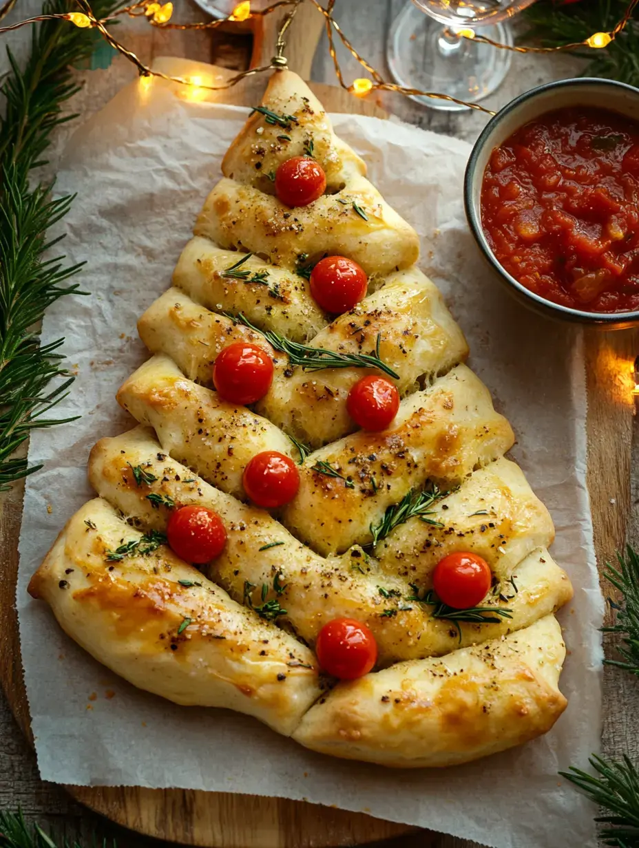 A festive bread shaped like a Christmas tree, topped with cherry tomatoes and herbs, served with a bowl of tomato sauce.