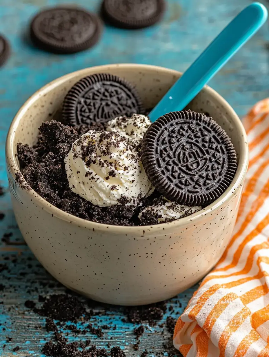 A bowl filled with crushed Oreos, scoops of whipped cream, and whole Oreos, accompanied by a turquoise spoon and a striped orange napkin.