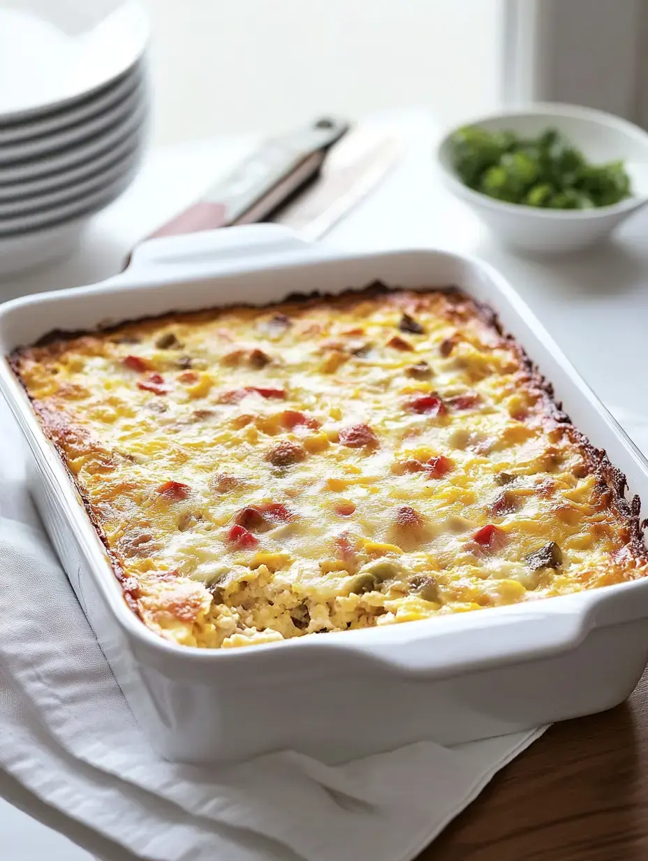 A baked casserole with a golden, cheesy topping is displayed in a white dish, surrounded by stacked plates and a bowl of chopped green herbs.