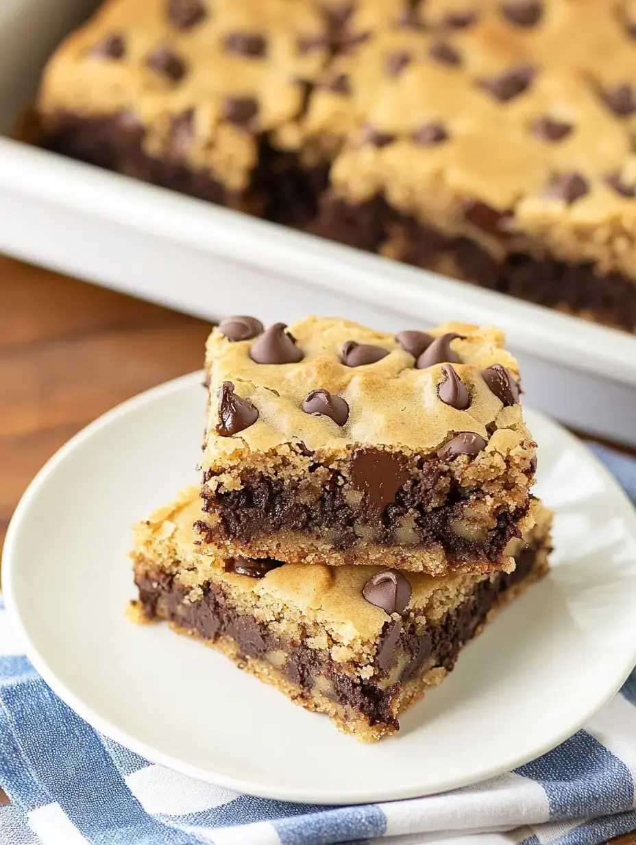 A plate holds two stacked chocolate chip cookie bars, showcasing a layered chocolate brownie base and a golden cookie top, with chocolate chips sprinkled on top.