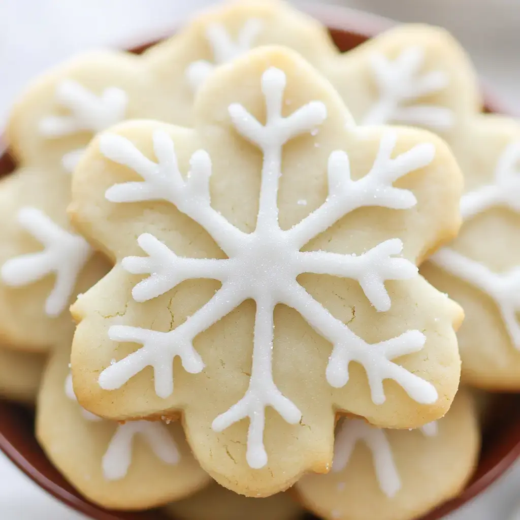 A close-up of snowflake-shaped cookies decorated with white icing, arranged in a brown bowl.