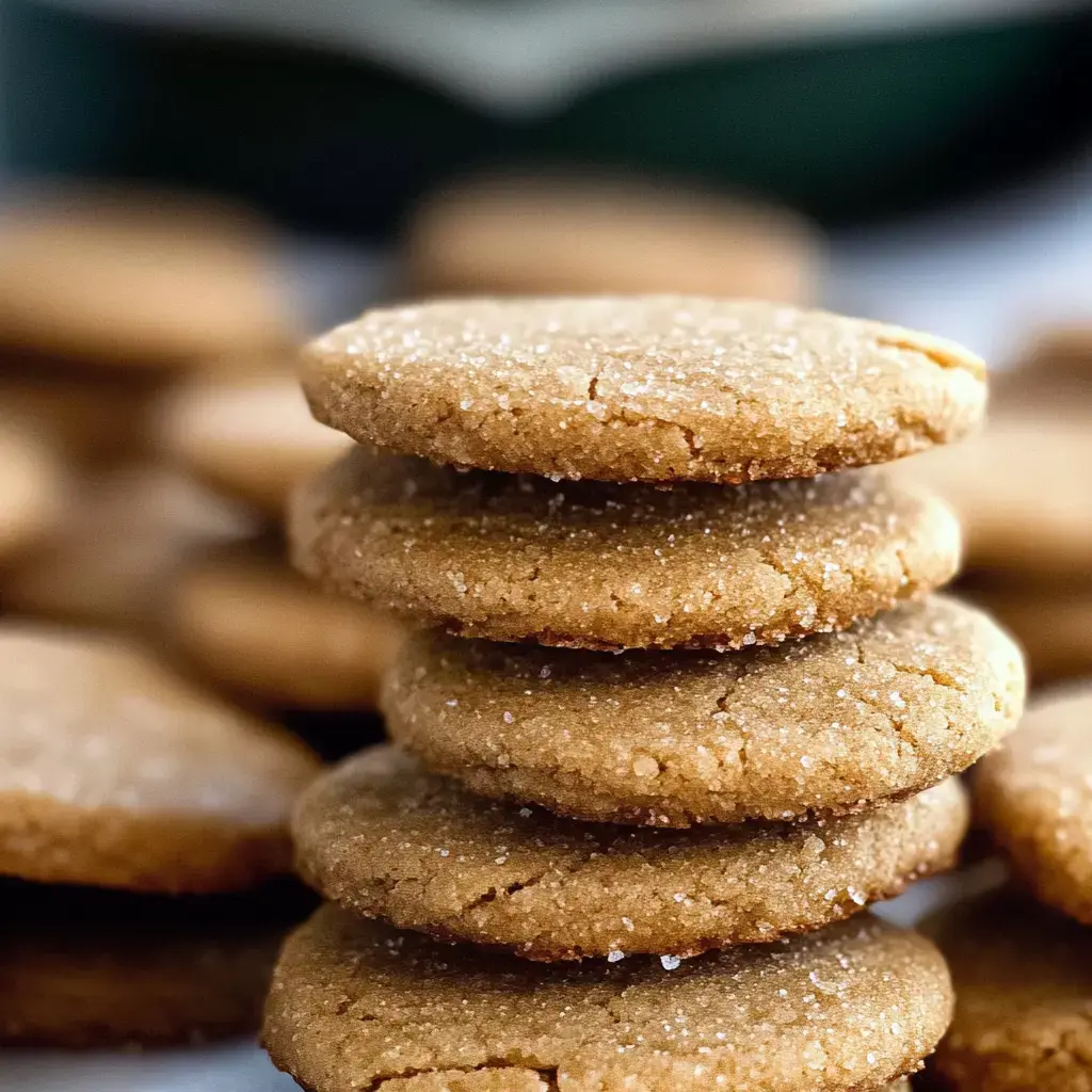 A stack of five golden-brown cookies coated with sugar, with more cookies blurred in the background.