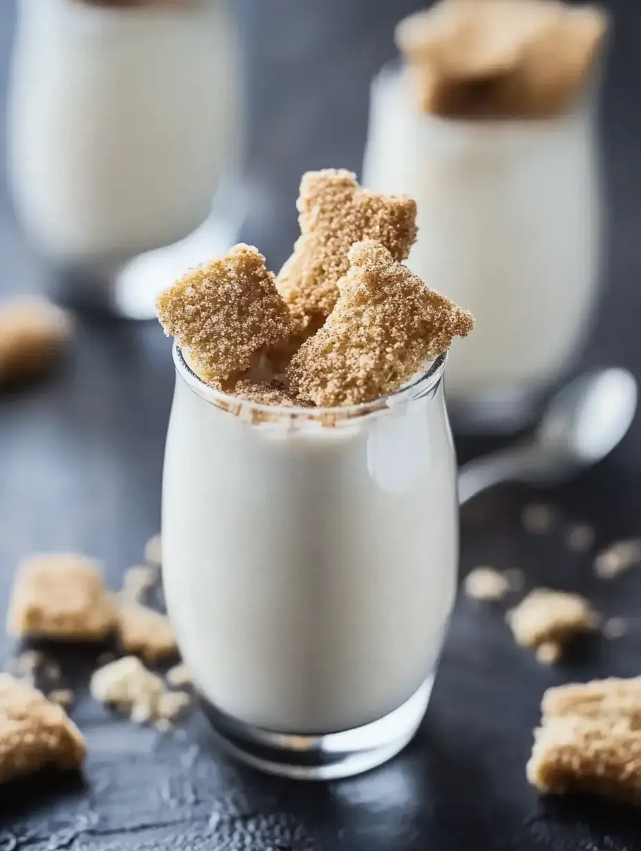 A close-up of a glass of creamy dessert topped with crumbled brown sugar cookies, with more cookies scattered around on a dark surface.