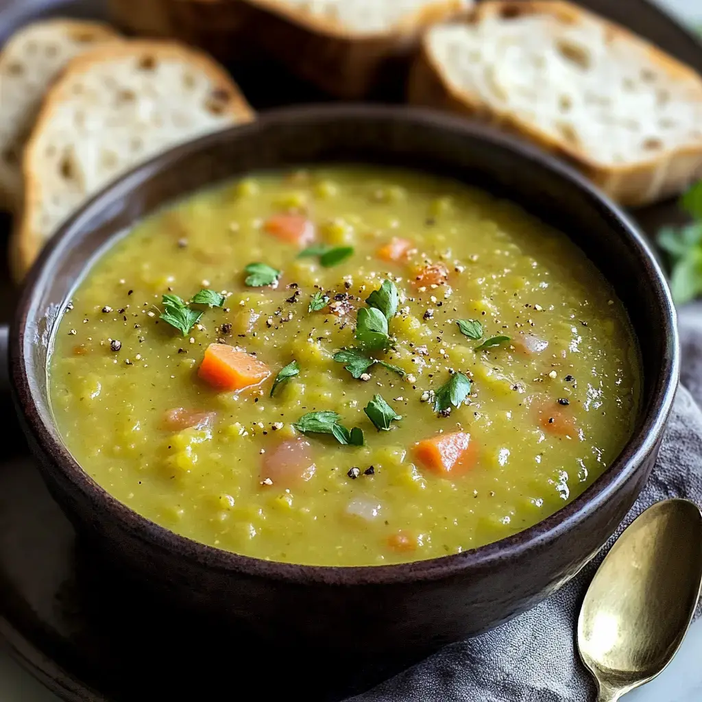 A bowl of green pea soup garnished with parsley and diced carrots, served alongside slices of bread.