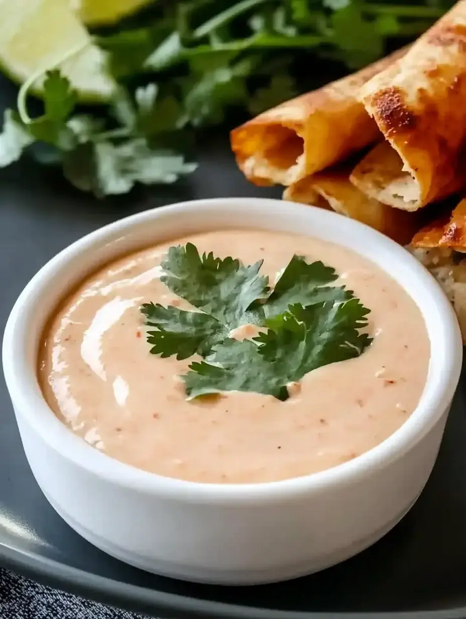 A small bowl of creamy dip topped with cilantro is served alongside rolled, golden-brown tortillas.