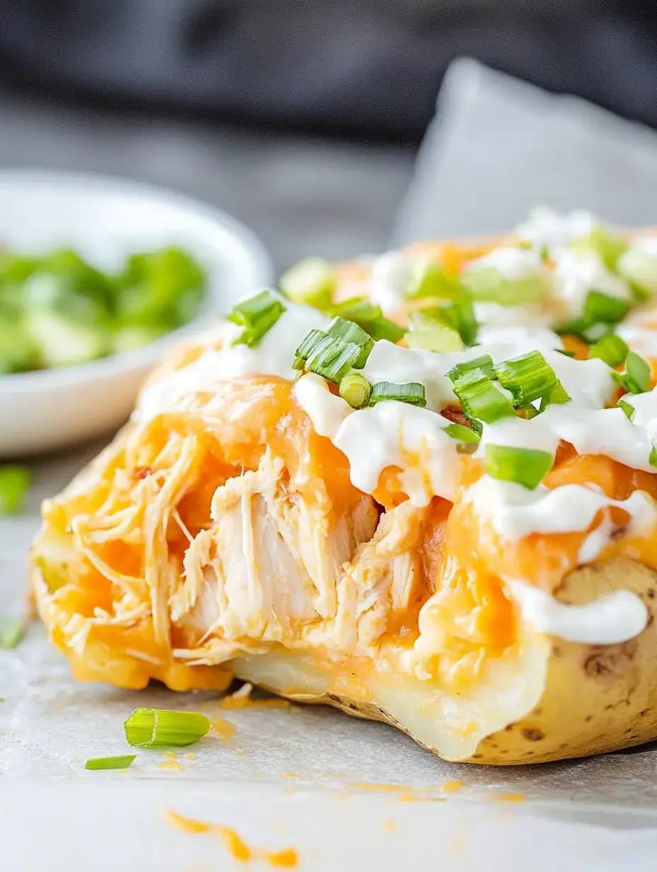 A baked potato topped with shredded chicken, melted cheese, sour cream, and chopped green onions.