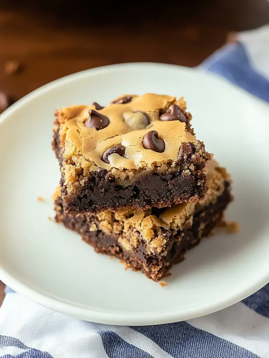 A stack of two chocolate chip cookie brownies on a white plate, showcasing a layer of cookie dough on top of a fudgy brownie base.