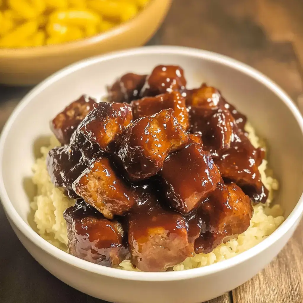 A bowl of rice topped with chunks of meat in a glossy brown sauce, with a bowl of macaroni in the background.