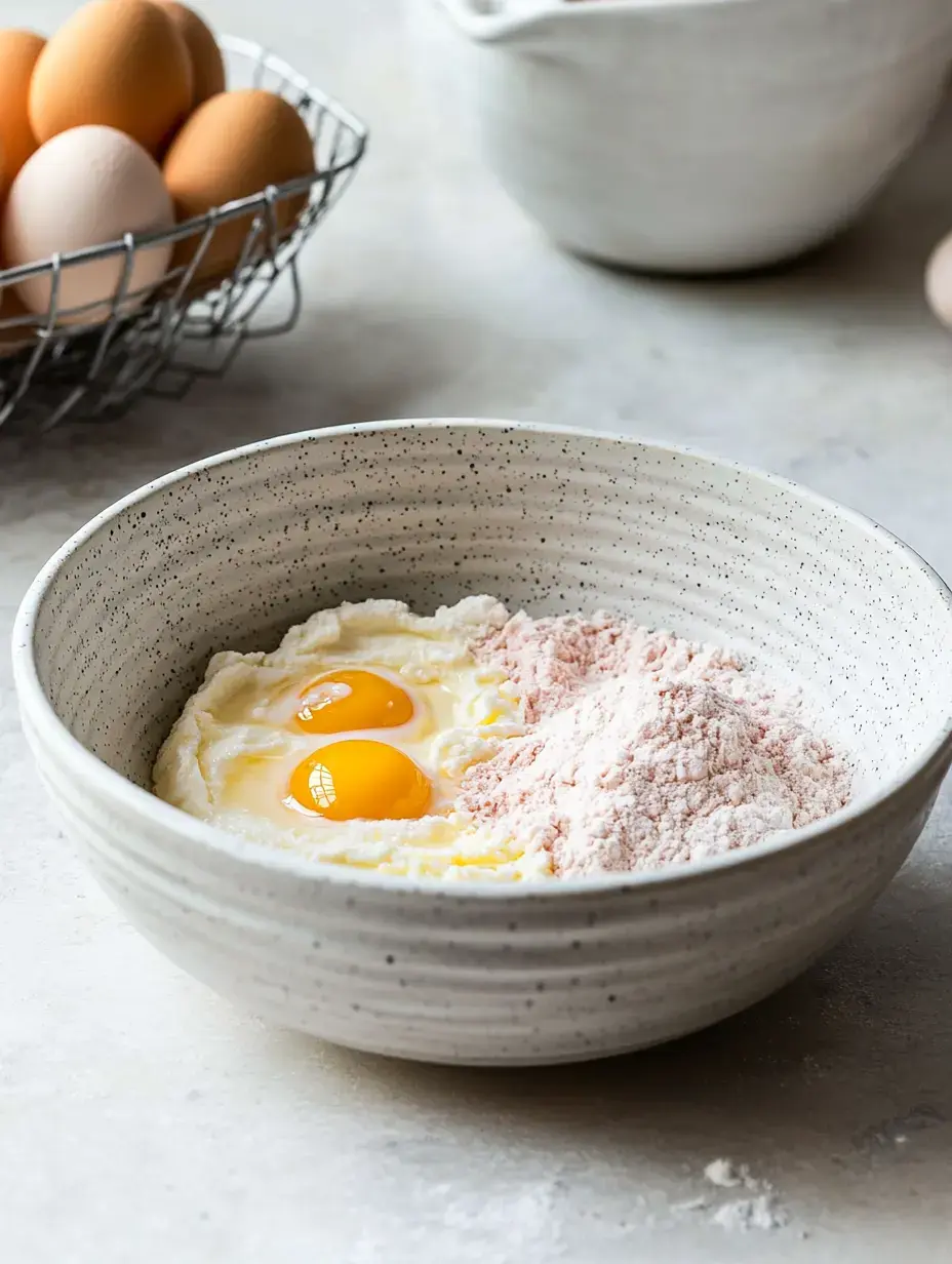 A bowl contains two cracked eggs and a pile of pink flour, with a wire basket of eggs in the background.