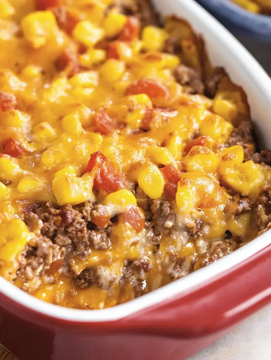 A close-up of a baked casserole featuring layers of ground beef, corn, diced tomatoes, and melted cheddar cheese in a red dish.