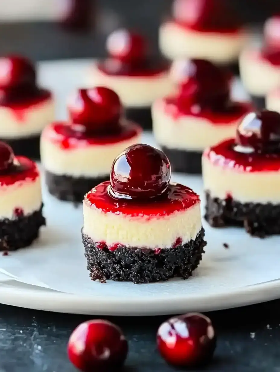 A plate of mini cheesecakes layered with a chocolate crust, creamy filling, and topped with cherry glaze and fresh cherries.