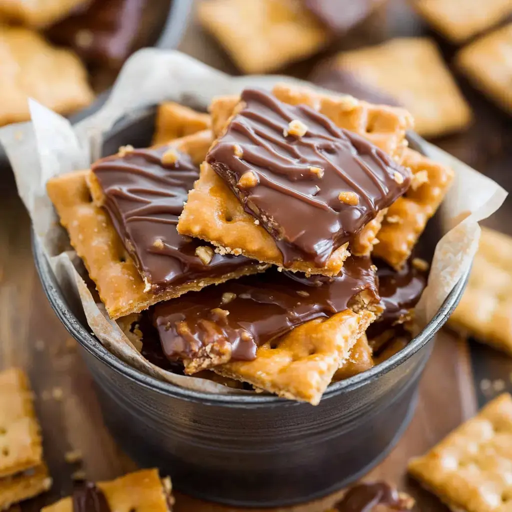 A bowl filled with chocolate-covered cracker squares stacked with parchment paper.