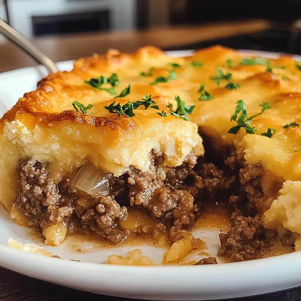 A close-up image of a serving of shepherd's pie, showing a golden, cheesy top with chopped parsley and revealing a savory ground meat filling underneath.