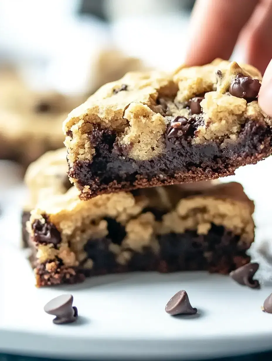 A close-up of a chocolate chip cookie bar being held, revealing a gooey chocolate filling, with additional chocolate chips scattered on a white plate.