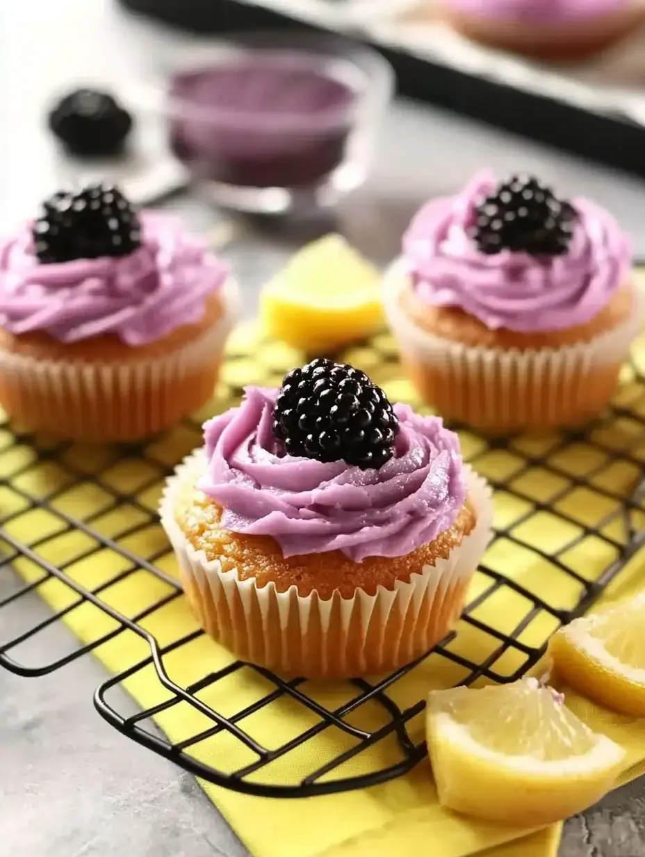 Three cupcakes with purple frosting topped with blackberries are arranged on a black wire rack with lemon slices nearby.