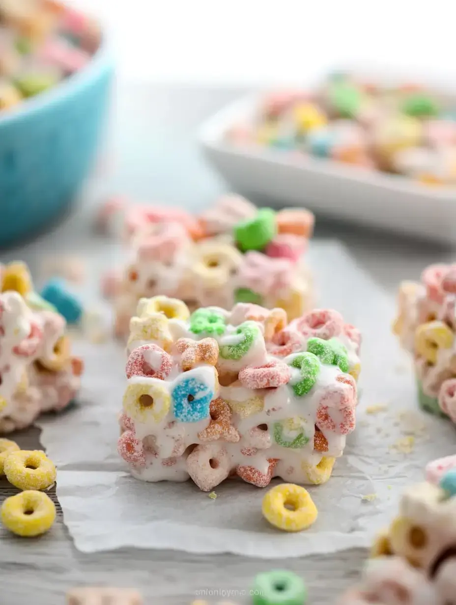 A cluster of colorful cereal treats made from cereal pieces coated in icing, displayed on parchment paper with bowls of cereal in the background.