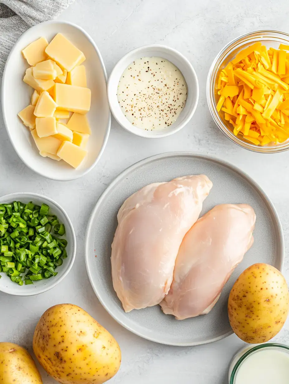 The image shows raw chicken breasts, chopped green onions, cubes of cheese, a bowl of creamy sauce, shredded cheese, and whole potatoes arranged on a light surface.