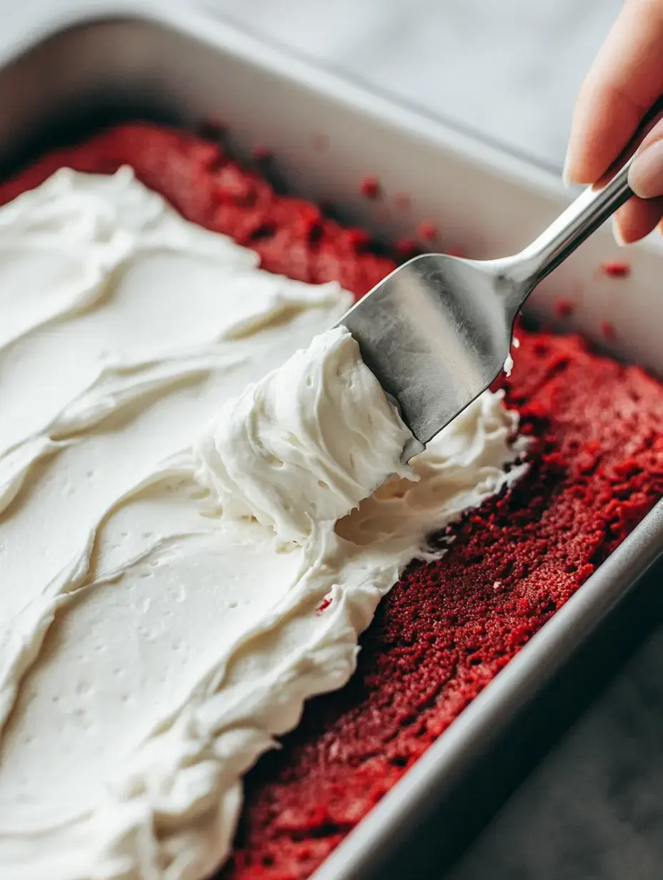 A hand using a spatula to spread white frosting over a red velvet cake in a baking pan.