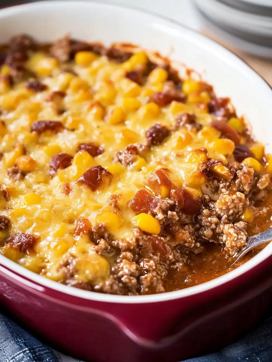 A casserole dish filled with a cheesy mixture of ground beef, corn, and beans, baked until golden and bubbly.