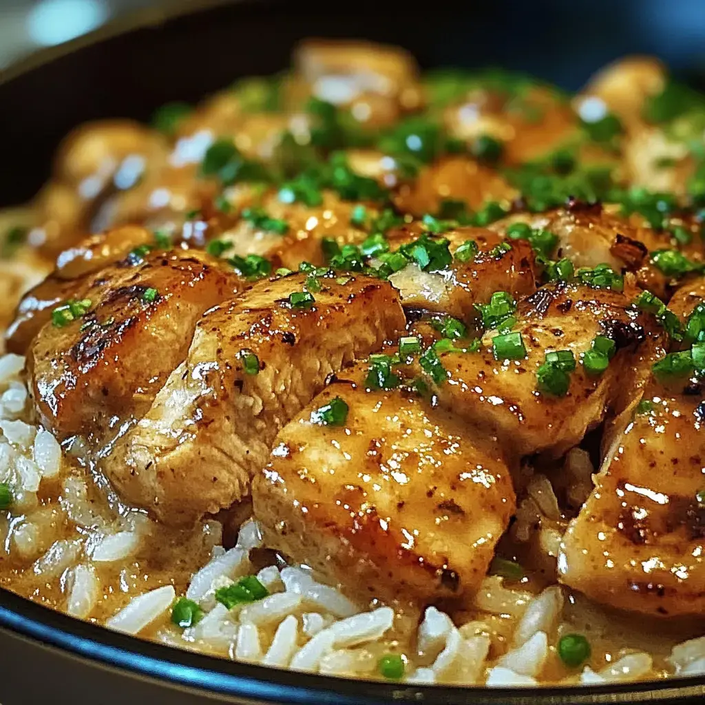 A close-up of tender, glazed chicken pieces served over rice and garnished with chopped green onions.