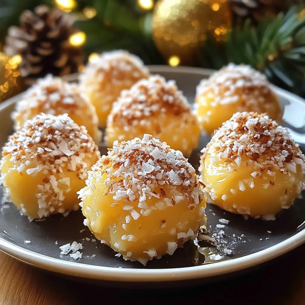 A plate of round, yellow dessert balls coated in shredded coconut and brown sugar, set against a festive backdrop with pinecones and lights.