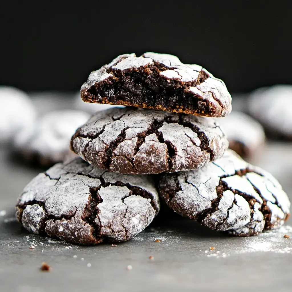 A stack of chocolate crinkle cookies, with one cookie partially bitten to reveal its soft interior, is displayed on a dark surface.